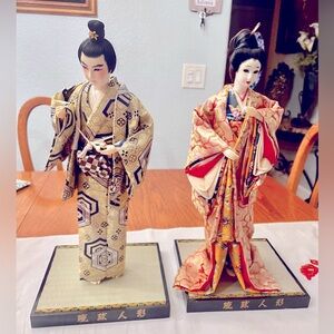 Japanese Gaisha & Male Dolls in Kimonos, Authentic. 18” with base.